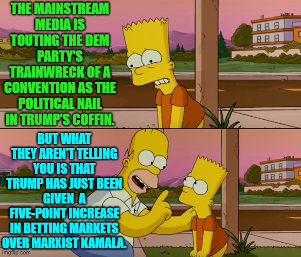 I'm inclined to trust the professionals in the betting industry over the leftist loyal MSM. | THE MAINSTREAM MEDIA IS TOUTING THE DEM PARTY'S TRAINWRECK OF A CONVENTION AS THE POLITICAL NAIL IN TRUMP'S COFFIN. BUT WHAT THEY AREN'T TELLING YOU IS THAT TRUMP HAS JUST BEEN GIVEN  A FIVE-POINT INCREASE IN BETTING MARKETS OVER MARXIST KAMALA. | image tagged in simpsons so far | made w/ Imgflip meme maker