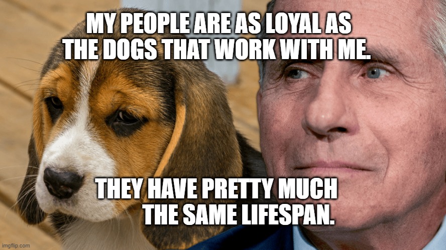 Fauci's Ouchie | MY PEOPLE ARE AS LOYAL AS THE DOGS THAT WORK WITH ME. THEY HAVE PRETTY MUCH            THE SAME LIFESPAN. | image tagged in fauci's ouchie | made w/ Imgflip meme maker