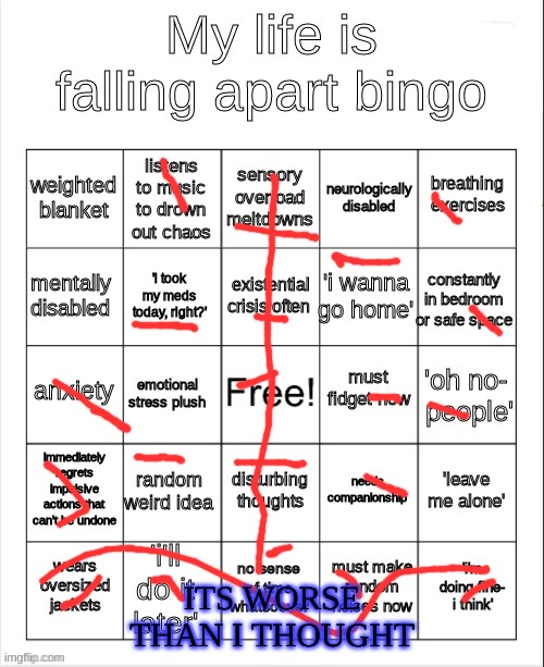 my life is falling apart bingo | ITS WORSE THAN I THOUGHT | image tagged in my life is falling apart bingo | made w/ Imgflip meme maker