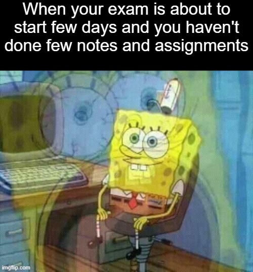 I'm cooked | When your exam is about to start few days and you haven't done few notes and assignments | image tagged in spongebob panic inside,memes,relatable | made w/ Imgflip meme maker