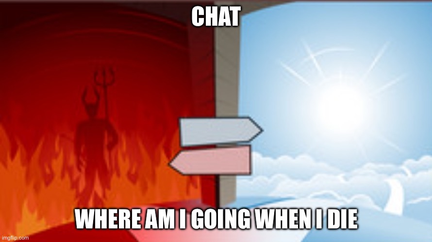 If the main crowd says Heaven, I will draw an Angel version of my Oc. If hell, same applies. If purgatory, i draw Skeleton | CHAT; WHERE AM I GOING WHEN I DIE | image tagged in heaven or hell | made w/ Imgflip meme maker