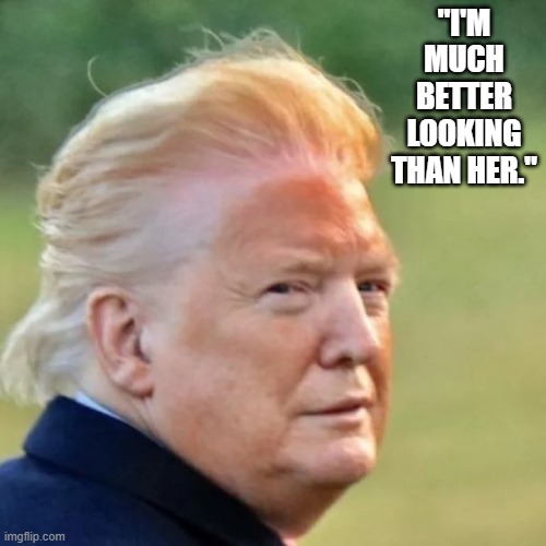 memes by Brad - Trump says he's much better looking than Kamala | "I'M MUCH BETTER LOOKING THAN HER." | image tagged in funny,repost,donald trump,kamala harris,comparison,humor | made w/ Imgflip meme maker