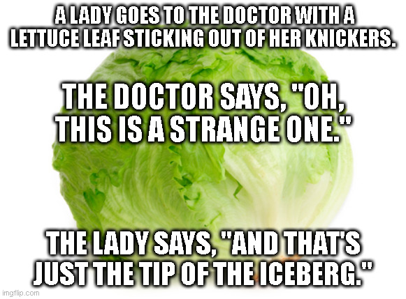 Lettuce in Knickers | A LADY GOES TO THE DOCTOR WITH A LETTUCE LEAF STICKING OUT OF HER KNICKERS. THE DOCTOR SAYS, "OH, THIS IS A STRANGE ONE."; THE LADY SAYS, "AND THAT'S JUST THE TIP OF THE ICEBERG." | image tagged in lettuce,knickers,underwear,doctor | made w/ Imgflip meme maker