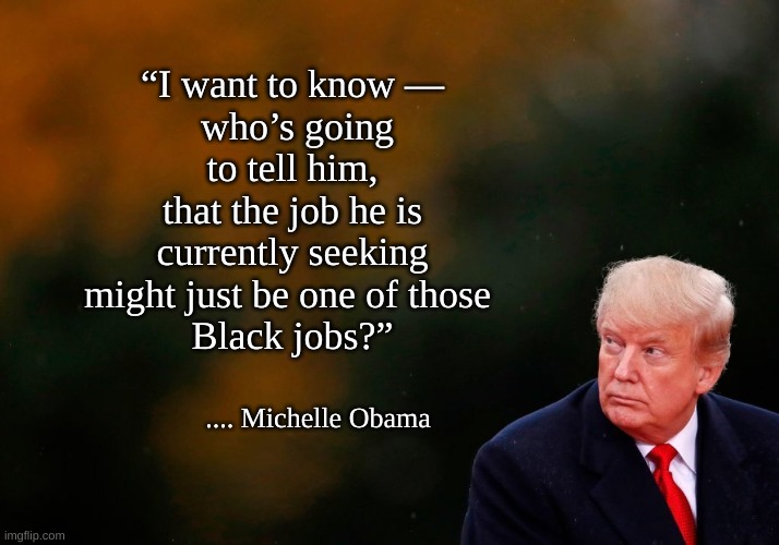 Who's gonna tell him | “I want to know —
 who’s going to tell him, that the job he is currently seeking might just be one of those 
Black jobs?”; .... Michelle Obama | image tagged in black jobs,michelle obama | made w/ Imgflip meme maker