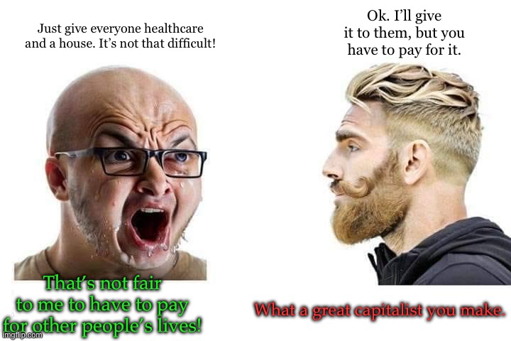 Soy boy vs. Chad AI generated | Ok. I’ll give it to them, but you have to pay for it. Just give everyone healthcare and a house. It’s not that difficult! That’s not fair to me to have to pay for other people’s lives! What a great capitalist you make. | image tagged in soy boy vs chad ai generated | made w/ Imgflip meme maker