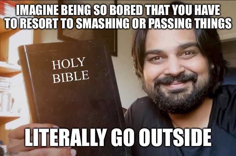 Holy Bible | IMAGINE BEING SO BORED THAT YOU HAVE TO RESORT TO SMASHING OR PASSING THINGS; LITERALLY GO OUTSIDE | image tagged in holy bible | made w/ Imgflip meme maker