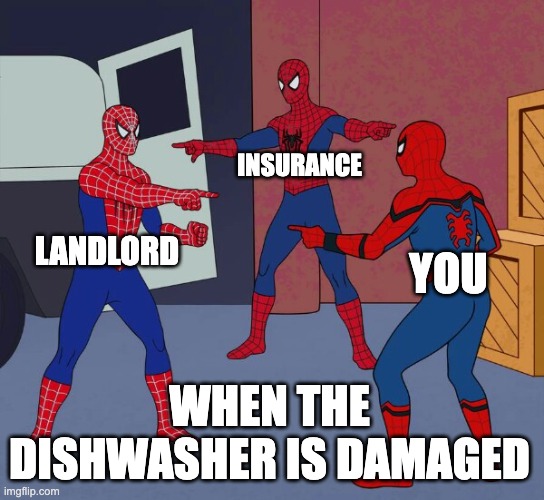 Spider Man Triple | INSURANCE; LANDLORD; YOU; WHEN THE DISHWASHER IS DAMAGED | image tagged in spider man triple,flat,dishwasher,funny,reality | made w/ Imgflip meme maker