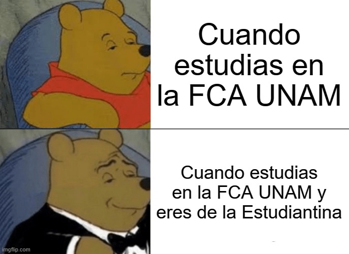 Tuxedo Winnie The Pooh Meme | Cuando estudias en la FCA UNAM; Cuando estudias en la FCA UNAM y eres de la Estudiantina | image tagged in memes,tuxedo winnie the pooh | made w/ Imgflip meme maker