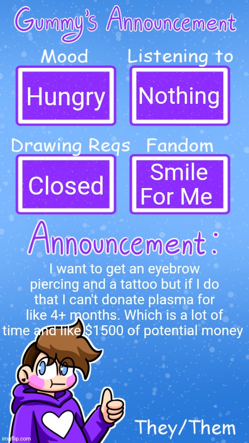 Sad | Hungry; Nothing; Smile For Me; Closed; I want to get an eyebrow piercing and a tattoo but if I do that I can't donate plasma for like 4+ months. Which is a lot of time and like $1500 of potential money | image tagged in gummy's announcement template version 4 | made w/ Imgflip meme maker