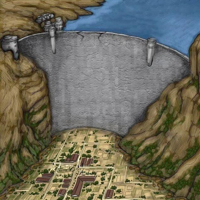 Cracking dam holding back water over town Blank Meme Template