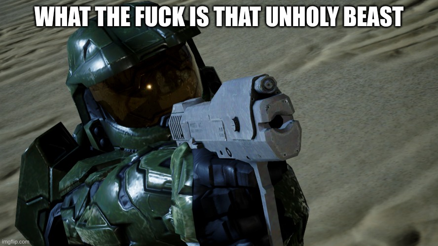 Master chief with a gun | WHAT THE FUCK IS THAT UNHOLY BEAST | image tagged in master chief with a gun | made w/ Imgflip meme maker