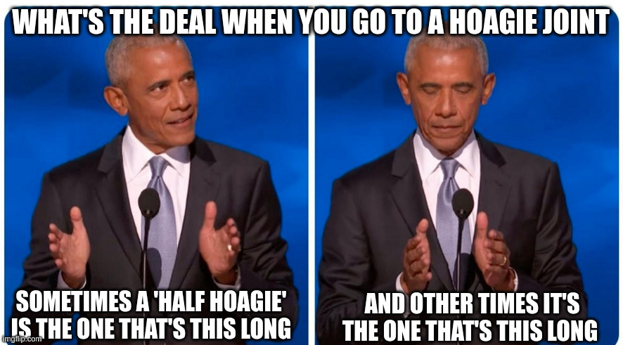 Obama's Hoagie Problem | WHAT'S THE DEAL WHEN YOU GO TO A HOAGIE JOINT; SOMETIMES A 'HALF HOAGIE' IS THE ONE THAT'S THIS LONG; AND OTHER TIMES IT'S THE ONE THAT'S THIS LONG | image tagged in obama long and short | made w/ Imgflip meme maker