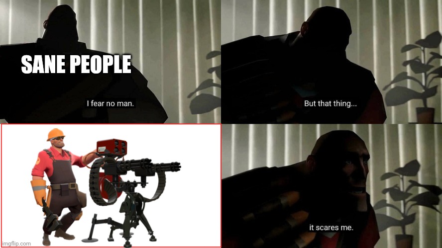 You should be scared ??? | SANE PEOPLE | image tagged in tf2 heavy i fear no man | made w/ Imgflip meme maker