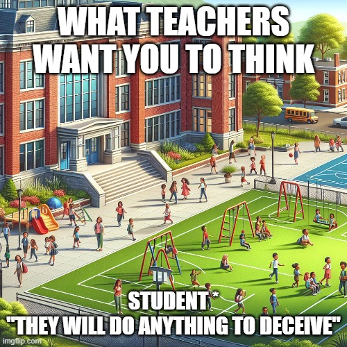 WHAT TEACHERS WANT YOU TO THINK; STUDENT *
"THEY WILL DO ANYTHING TO DECEIVE" | made w/ Imgflip meme maker