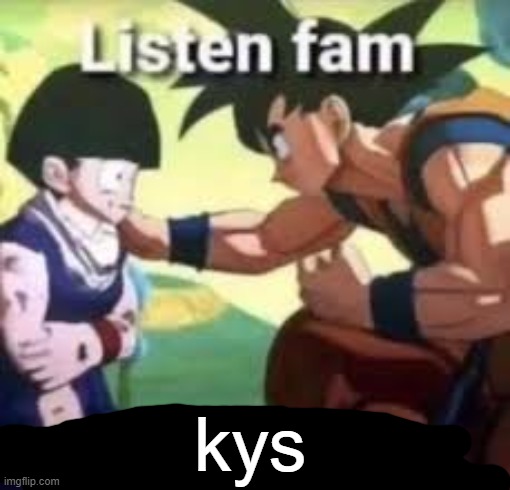 Listen fam we don't care | kys | image tagged in listen fam we don't care | made w/ Imgflip meme maker