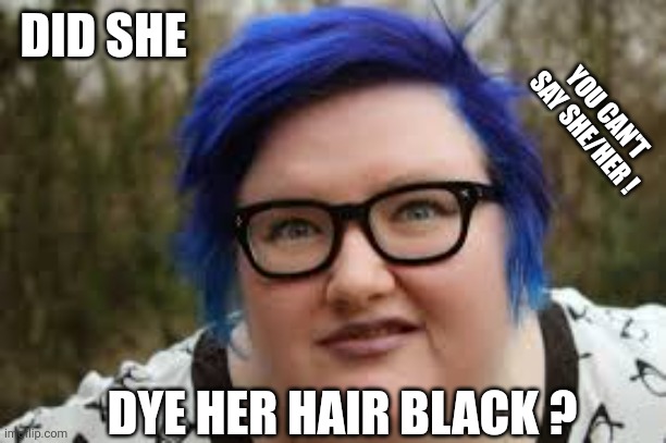 400 lb blue haired ham planet | DID SHE DYE HER HAIR BLACK ? YOU CAN'T SAY SHE/HER ! | image tagged in 400 lb blue haired ham planet | made w/ Imgflip meme maker