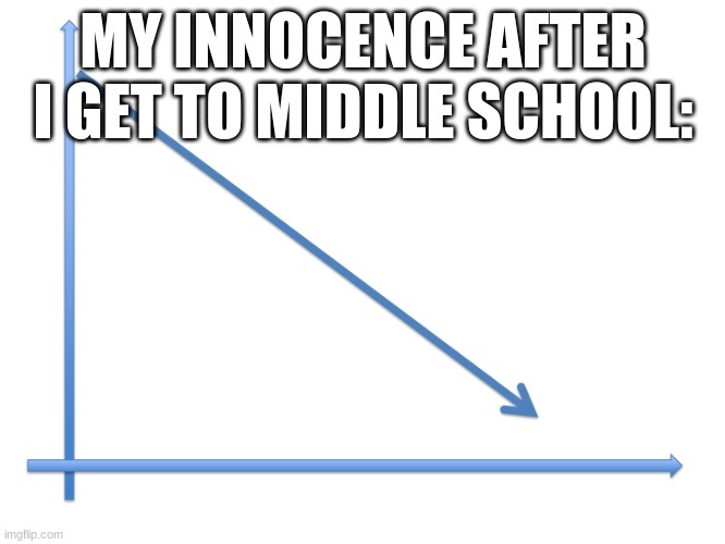 nah cause my middle school was like a detroit, gangs, swears, and more slurs | MY INNOCENCE AFTER I GET TO MIDDLE SCHOOL: | image tagged in downward line graph,relatable,real,memes,funny,middle school | made w/ Imgflip meme maker