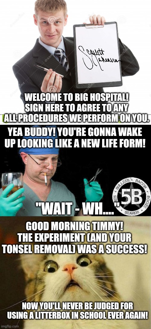 Image tagged in contract,doctor drink alcohol surgeon,memes,scared cat
