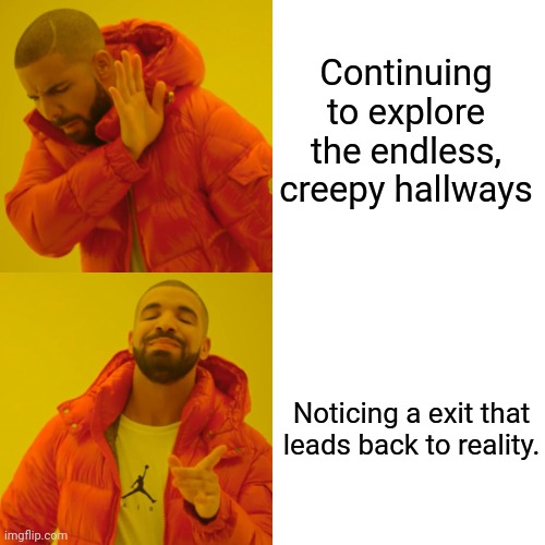 My Meme 2. | Continuing to explore the endless, creepy hallways; Noticing a exit that leads back to reality. | image tagged in memes,drake hotline bling | made w/ Imgflip meme maker