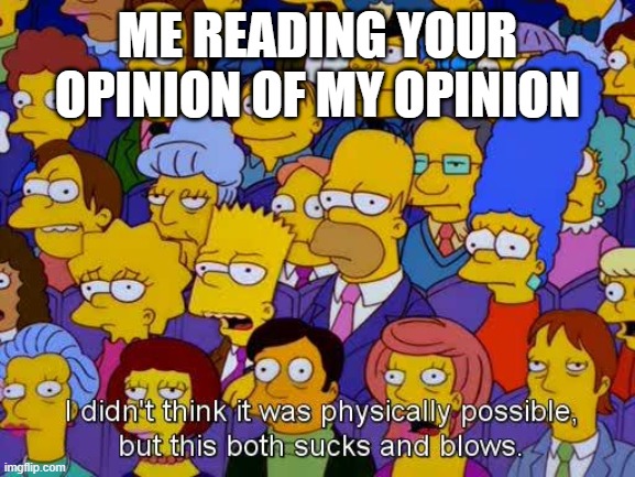 This sucks and blows | ME READING YOUR OPINION OF MY OPINION | image tagged in this sucks and blows | made w/ Imgflip meme maker