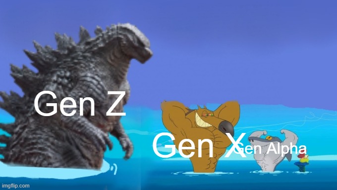 Zig Sharko And Godzilla | Gen Alpha Gen X Gen Z | image tagged in zig sharko and godzilla | made w/ Imgflip meme maker