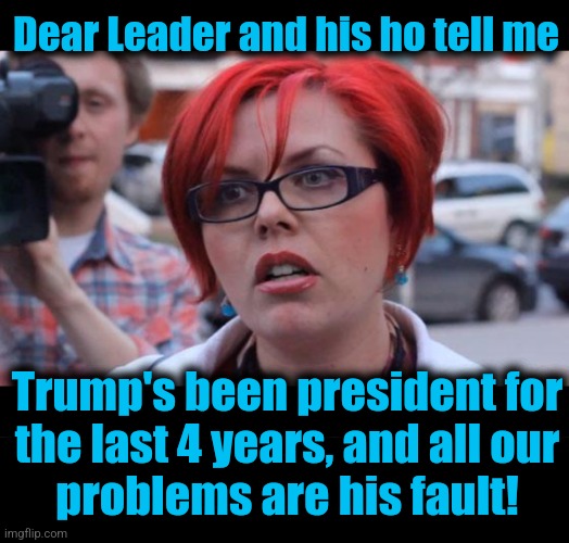 Dear Leader and his ho tell me Trump's been president for
the last 4 years, and all our
problems are his fault! | image tagged in angry feminist,blank black | made w/ Imgflip meme maker