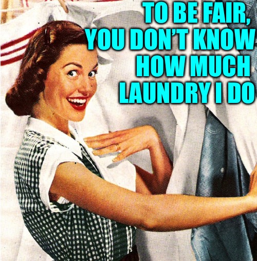 Vintage Laundry Woman | TO BE FAIR, 
YOU DON’T KNOW
 HOW MUCH 
LAUNDRY I DO | image tagged in vintage laundry woman | made w/ Imgflip meme maker