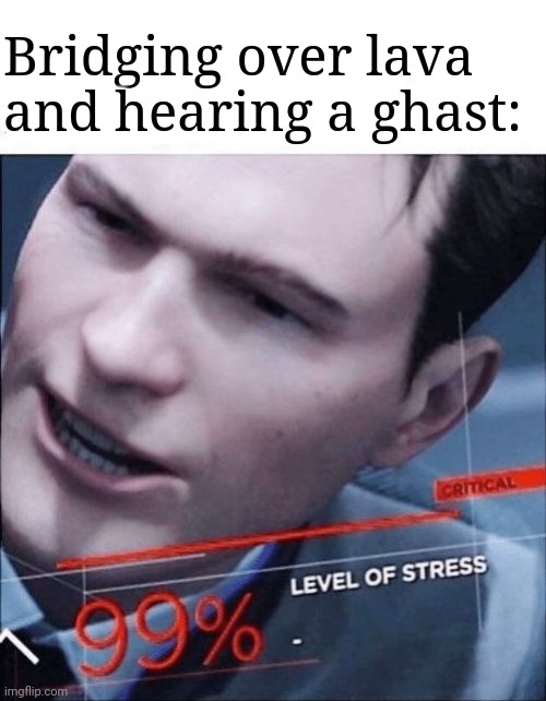 99% Level of Stress | Bridging over lava and hearing a ghast: | image tagged in 99 level of stress | made w/ Imgflip meme maker