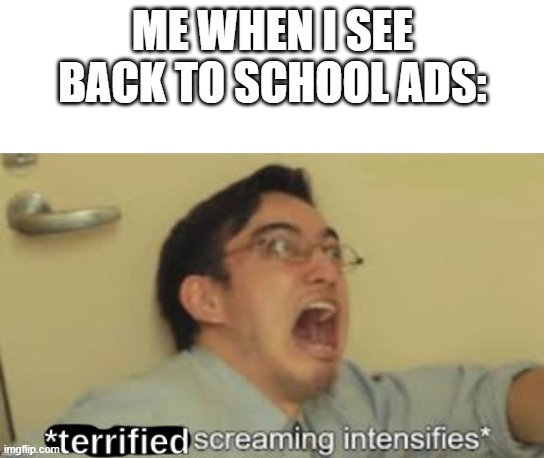 Oh no... | ME WHEN I SEE BACK TO SCHOOL ADS: | image tagged in terrified screaming intensifies,memes,school | made w/ Imgflip meme maker