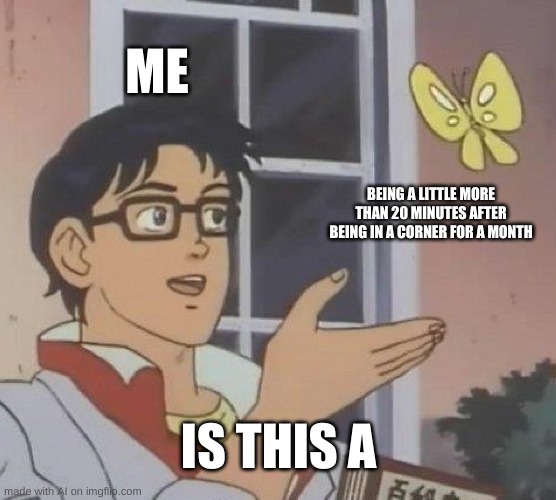 Wut Dis | ME; BEING A LITTLE MORE THAN 20 MINUTES AFTER BEING IN A CORNER FOR A MONTH; IS THIS A | image tagged in memes,is this a pigeon | made w/ Imgflip meme maker