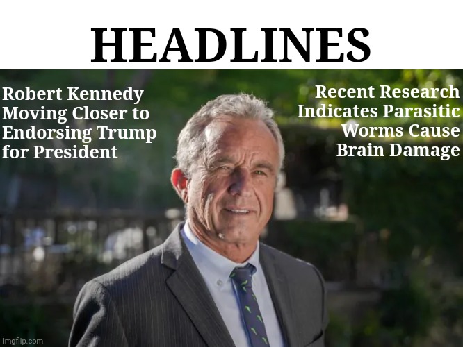 Robert F. Kennedy, Jr. | HEADLINES; Robert Kennedy
Moving Closer to
Endorsing Trump
for President; Recent Research
Indicates Parasitic
Worms Cause
Brain Damage | image tagged in robert f kennedy jr | made w/ Imgflip meme maker