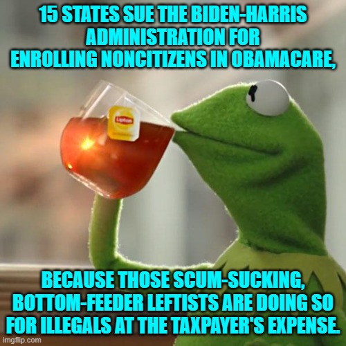 Altogether now . . . it's only OUR money! | 15 STATES SUE THE BIDEN-HARRIS ADMINISTRATION FOR ENROLLING NONCITIZENS IN OBAMACARE, BECAUSE THOSE SCUM-SUCKING, BOTTOM-FEEDER LEFTISTS ARE DOING SO FOR ILLEGALS AT THE TAXPAYER'S EXPENSE. | image tagged in yep | made w/ Imgflip meme maker