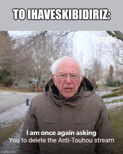 Bernie I Am Once Again Asking For Your Support Meme | TO IHAVESKIBIDIRIZ:; You to delete the Anti-Touhou stream | image tagged in memes,bernie i am once again asking for your support | made w/ Imgflip meme maker