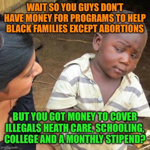 Third World Skeptical Kid Meme | WAIT SO YOU GUYS DON’T HAVE MONEY FOR PROGRAMS TO HELP BLACK FAMILIES EXCEPT ABORTIONS BUT YOU GOT MONEY TO COVER ILLEGALS HEATH CARE, SCHOO | image tagged in memes,third world skeptical kid | made w/ Imgflip meme maker