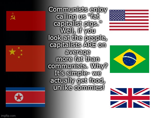 Starving commies | Communists enjoy 
calling us "fat 
capitalist pigs." 
Well, if you 
look at the people, 
capitalists ARE on 
average 
more fat than 
communists. Why? 
It’s simple- we 
actually get food, 
unlike commies! | image tagged in commies,leftists,capitalists,food | made w/ Imgflip meme maker