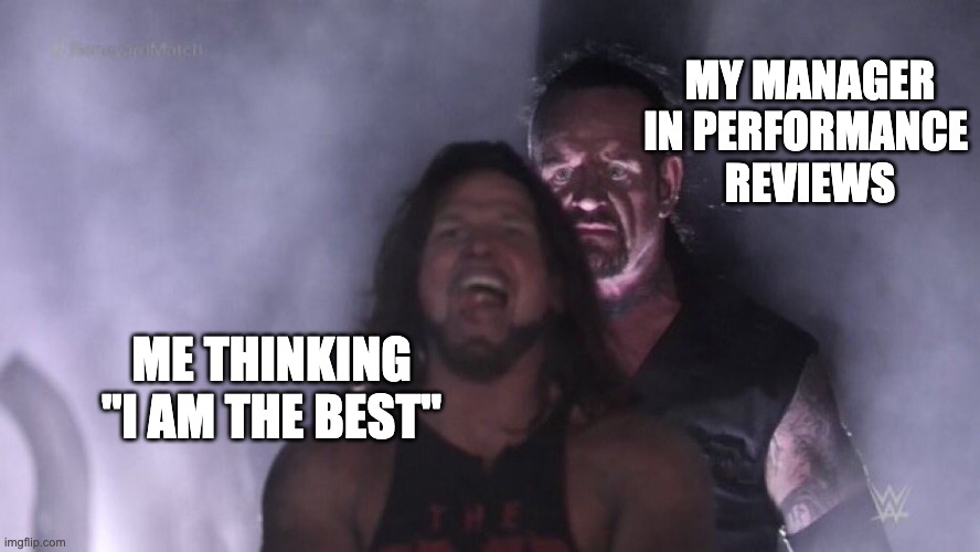 AJ Styles & Undertaker | MY MANAGER IN PERFORMANCE 
REVIEWS; ME THINKING "I AM THE BEST" | image tagged in aj styles undertaker | made w/ Imgflip meme maker