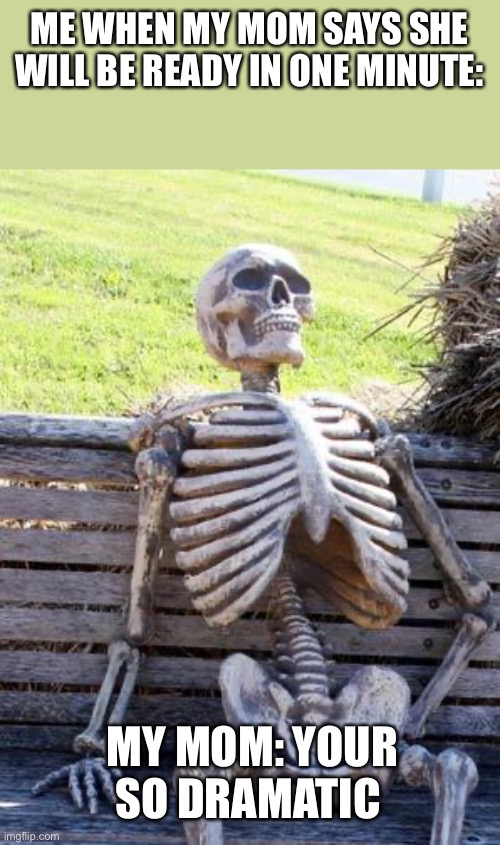 She takes too long!! | ME WHEN MY MOM SAYS SHE WILL BE READY IN ONE MINUTE:; MY MOM: YOUR SO DRAMATIC | image tagged in memes,waiting skeleton | made w/ Imgflip meme maker