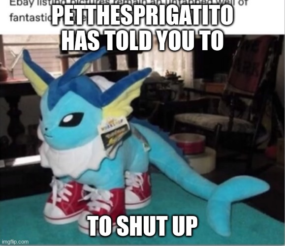 Drippy Vaporeon | PETTHESPRIGATITO HAS TOLD YOU TO TO SHUT UP | image tagged in drippy vaporeon | made w/ Imgflip meme maker