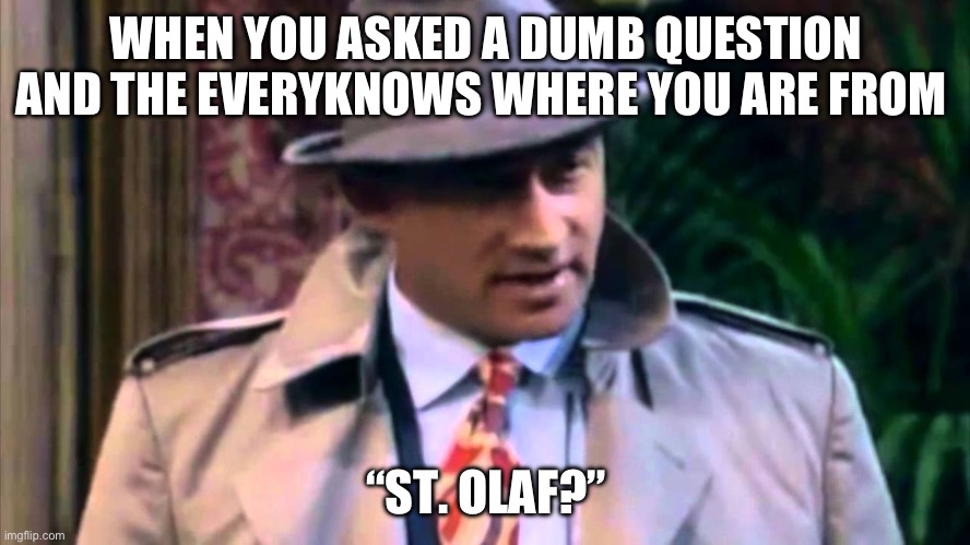 Ask a question | WHEN YOU ASKED A DUMB QUESTION AND THE EVERYONE KNOWS WHERE YOU ARE FROM; “ST. OLAF?” | image tagged in golden girls murder detective | made w/ Imgflip meme maker