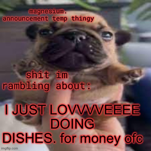 pug temp | I JUST LOVVVVEEEE DOING DISHES. for money ofc | image tagged in pug temp | made w/ Imgflip meme maker