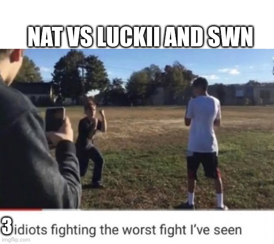 Btw I posted this since I'm sure nat is coming back | NAT VS LUCKII AND SWN; 3 | image tagged in two idiots fighting | made w/ Imgflip meme maker