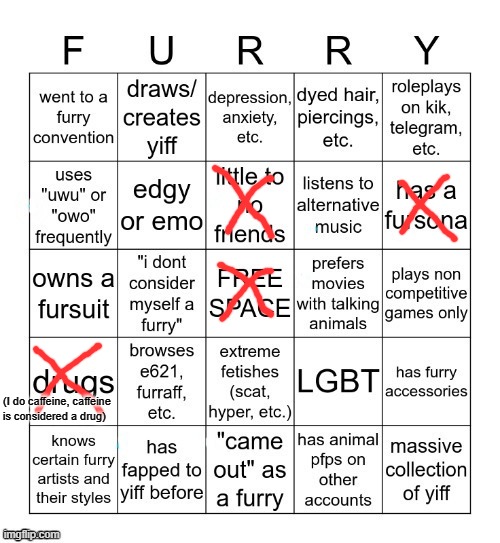 why is 85% of this bingo full of stuff for degenerates | (I do caffeine, caffeine is considered a drug) | image tagged in furry bingo v2 | made w/ Imgflip meme maker