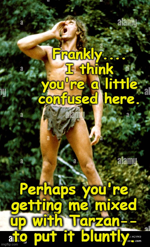 Frankly.... I think you're a little confused here. Perhaps you're getting me mixed up with Tarzan-- to put it bluntly. | made w/ Imgflip meme maker