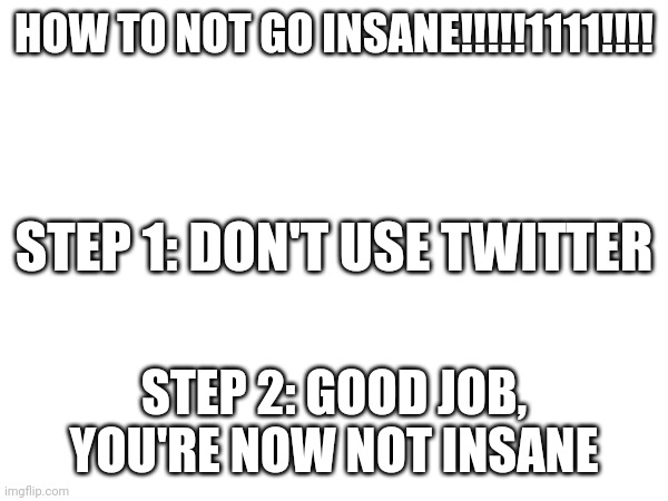 Free tutorial | HOW TO NOT GO INSANE!!!!!1111!!!! STEP 1: DON'T USE TWITTER; STEP 2: GOOD JOB, YOU'RE NOW NOT INSANE | image tagged in memes,twitter,tutorial,insane | made w/ Imgflip meme maker