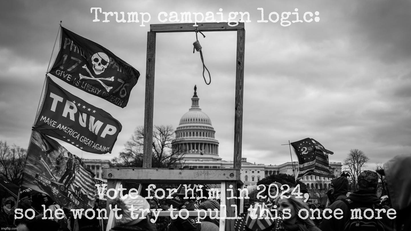 Coup d'fart, Trump loser style | Trump campaign logic:; Vote for him in 2024, 
so he won't try to pull this once more | image tagged in election 2024,january 6th 2020 insurrection,trying to destroy america,trump,cult 45,basement dwellers | made w/ Imgflip meme maker