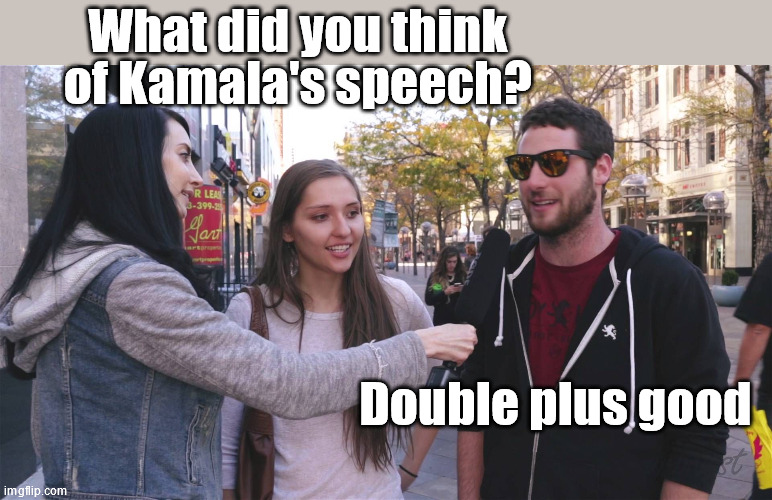 Newspeak, learn it, use it, love it | What did you think of Kamala's speech? Double plus good | image tagged in youtube street interviews,1984 | made w/ Imgflip meme maker