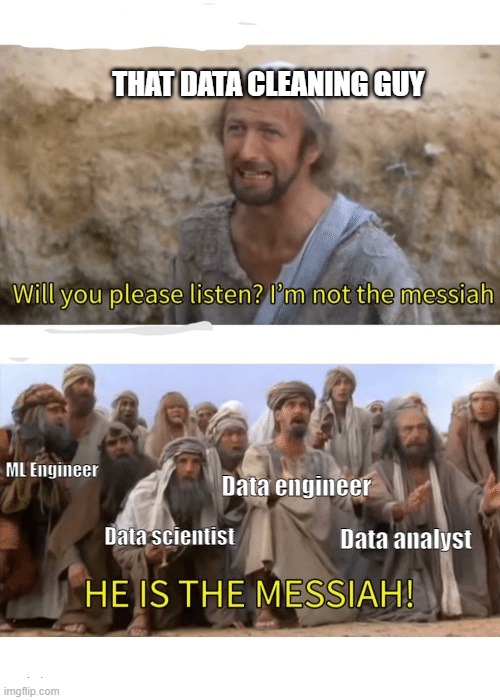 that data cleaning guy is real messiah | THAT DATA CLEANING GUY; ML Engineer; Data engineer; Data scientist; Data analyst | image tagged in he is the messiah | made w/ Imgflip meme maker