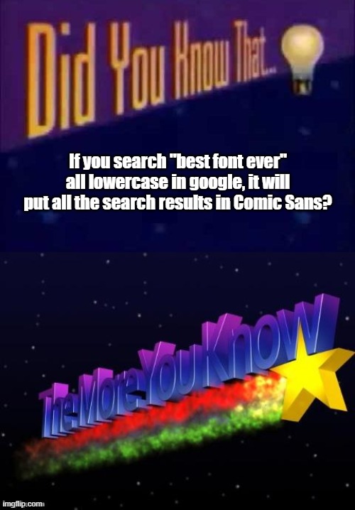 If you search "best font ever" all lowercase in google, it will put all the search results in Comic Sans? | image tagged in did you know that,the more you know | made w/ Imgflip meme maker