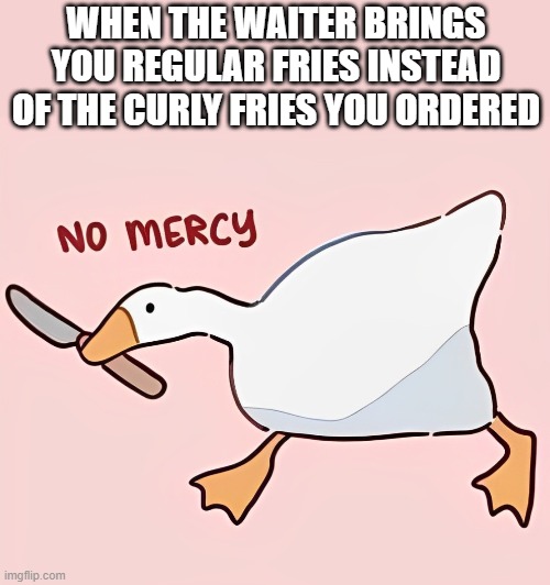 curly fries | WHEN THE WAITER BRINGS YOU REGULAR FRIES INSTEAD OF THE CURLY FRIES YOU ORDERED | image tagged in memes | made w/ Imgflip meme maker