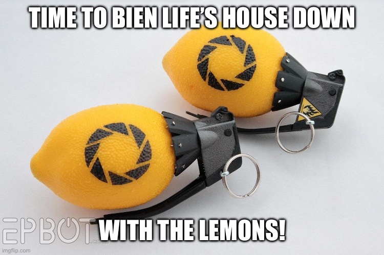 Portal 2 lemon grenades | TIME TO BIEN LIFE’S HOUSE DOWN WITH THE LEMONS! | image tagged in portal 2 lemon grenades | made w/ Imgflip meme maker